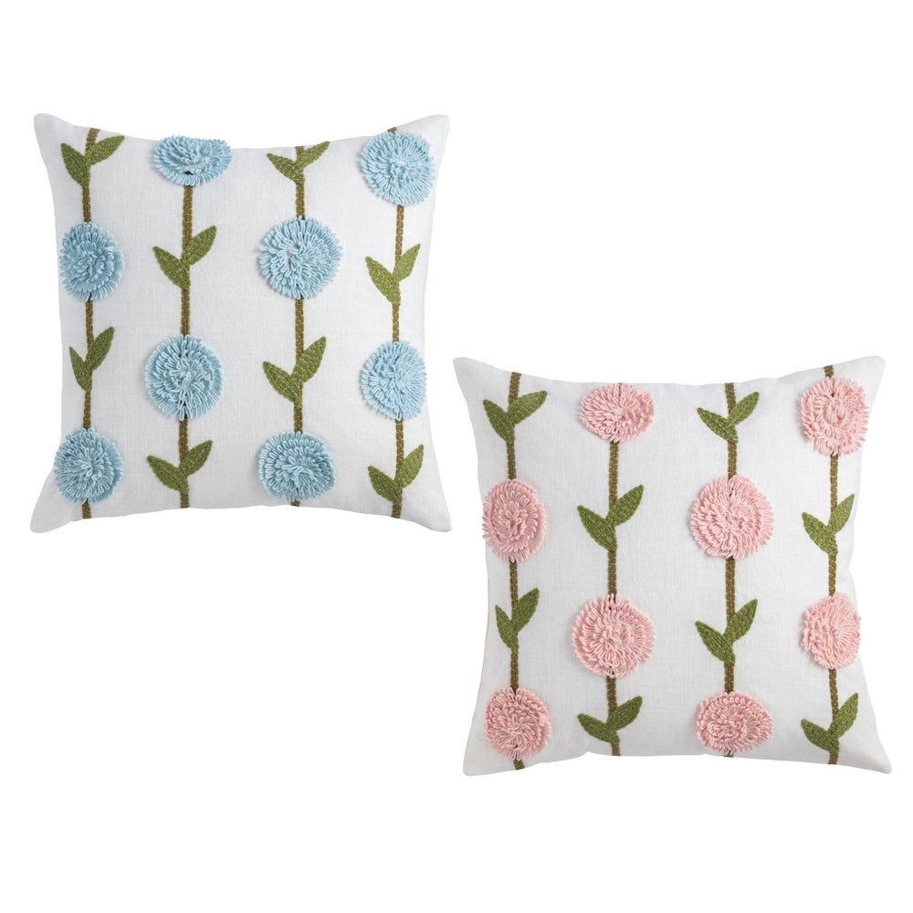 Two decorative pillows with floral patterns on a white background