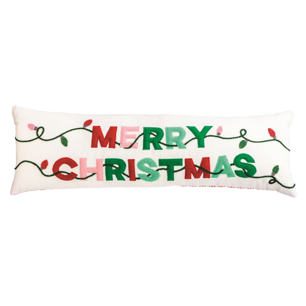 Decorative pillow with 'Merry Christmas' text and lights on a white background