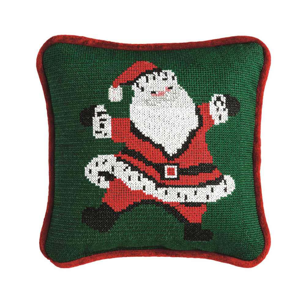 Decorative pillow with a Christmas-themed design of Santa Claus on a green background.
