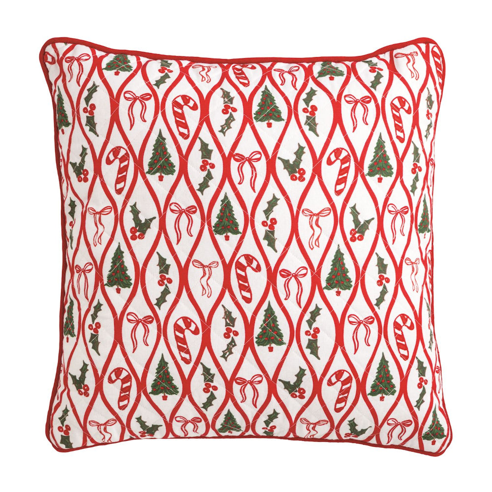 Decorative pillow with Christmas-themed pattern on a white background
