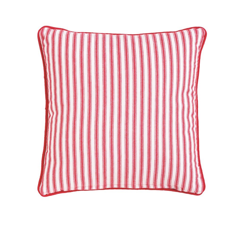 Red and white striped pillow on a white background