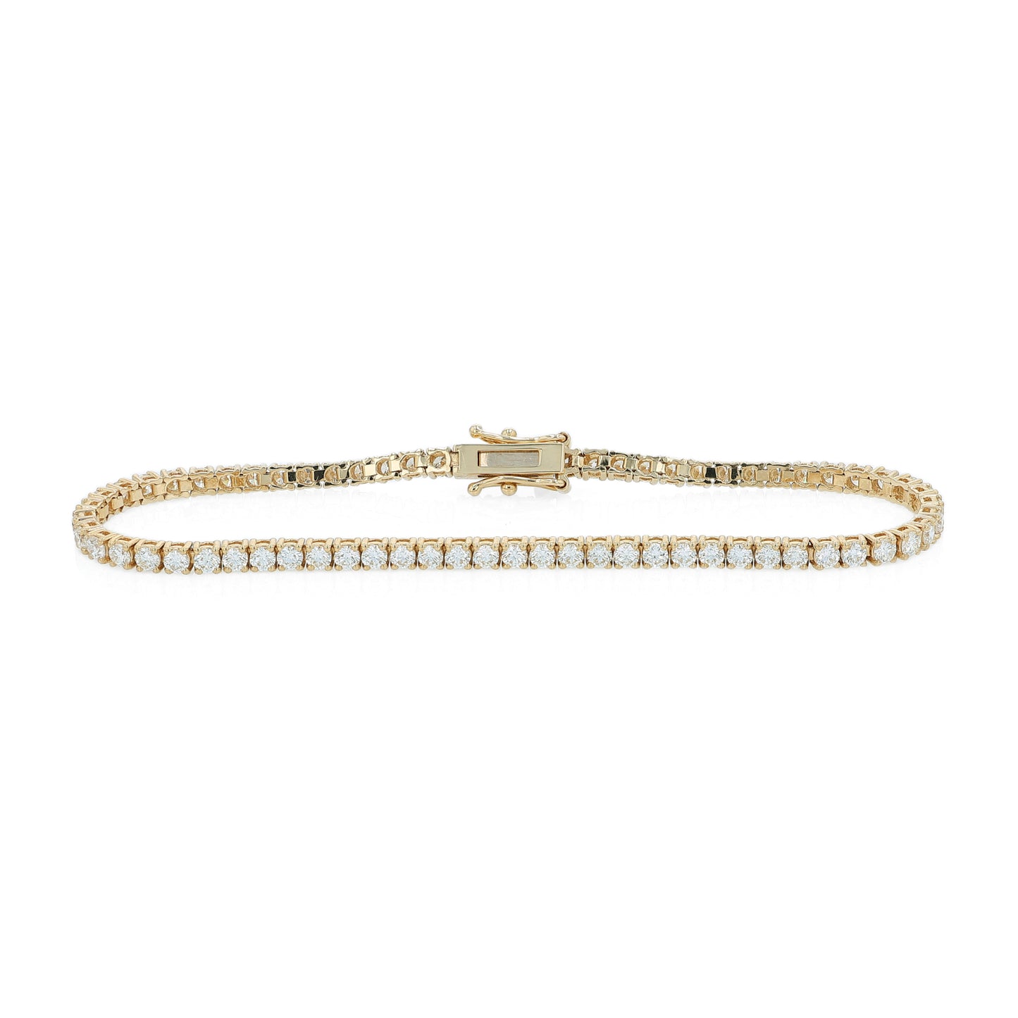 Yellow gold 3.40 carat diamond tennis bracelet on a white background