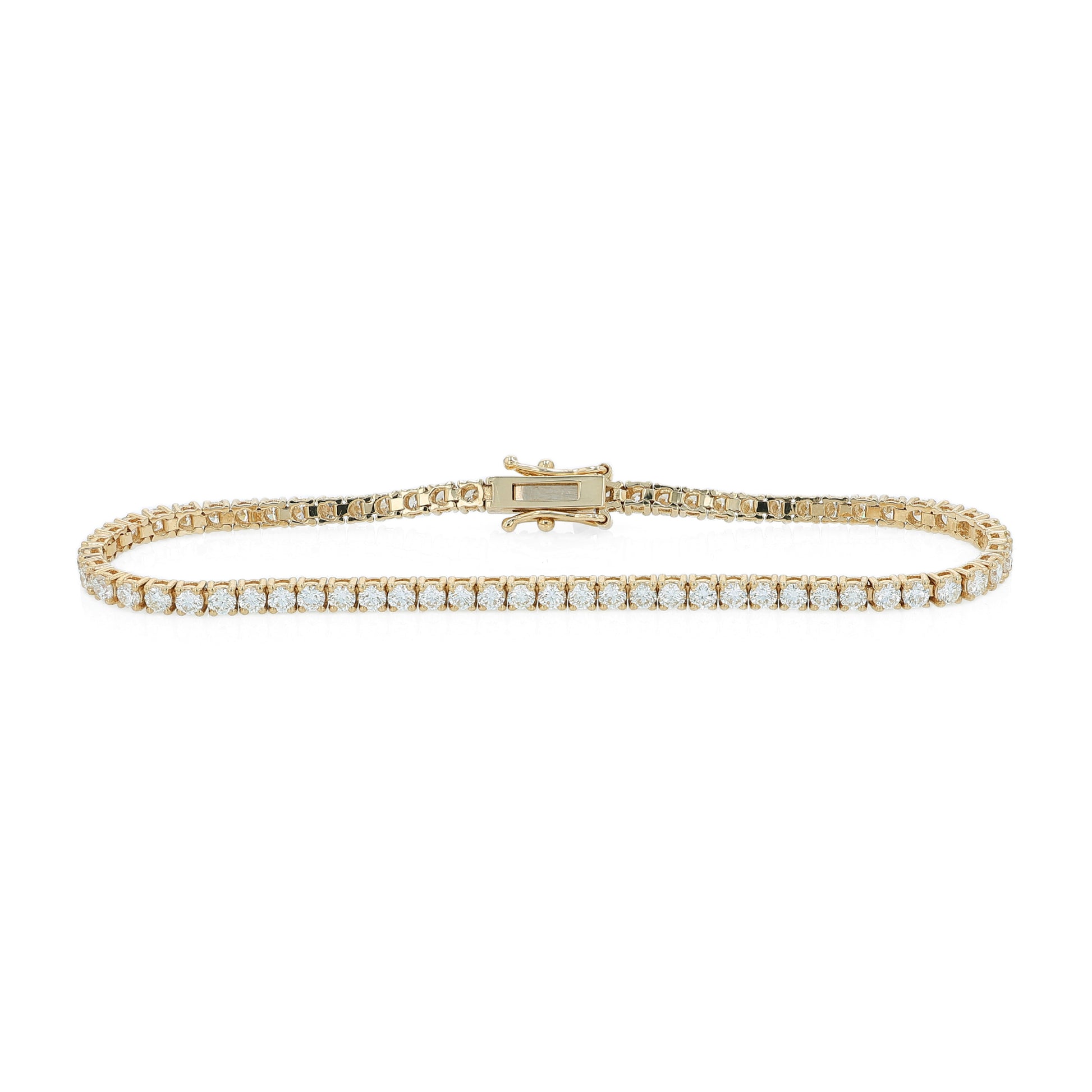 Yellow gold 3.40 carat diamond tennis bracelet on a white background