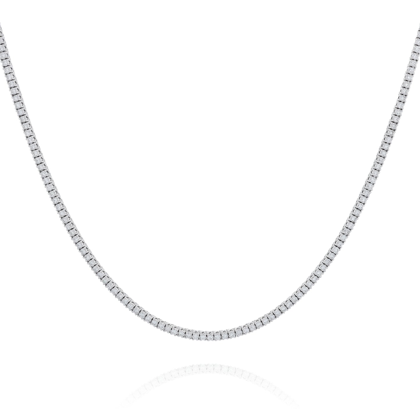 White gold 5.85 carat straight diamond tennis necklace graded HSI on a white background