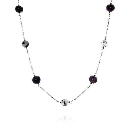 Honora Sterling Silver 18" Jet Ring Pearl and Rutile Station Necklace