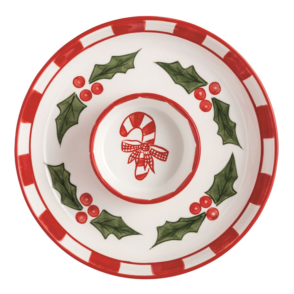 Decorative Christmas plate with candy cane and holly design on a white background