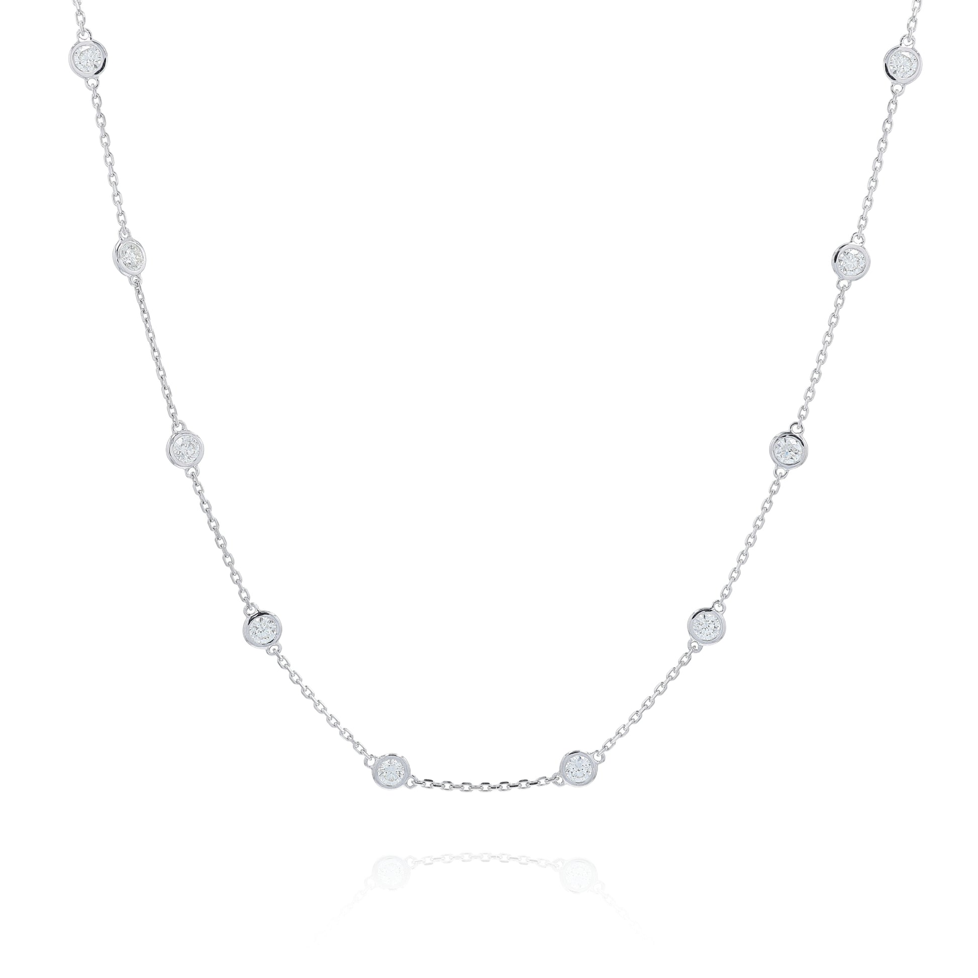 White gold bezel set Diamonds By The Yard necklace on a white background