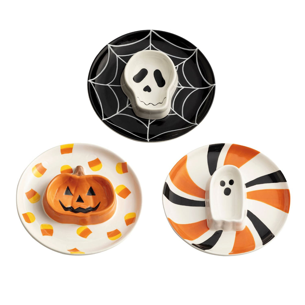 Three Halloween-themed ceramic plates with skull, pumpkin, and ghost designs on a white background.