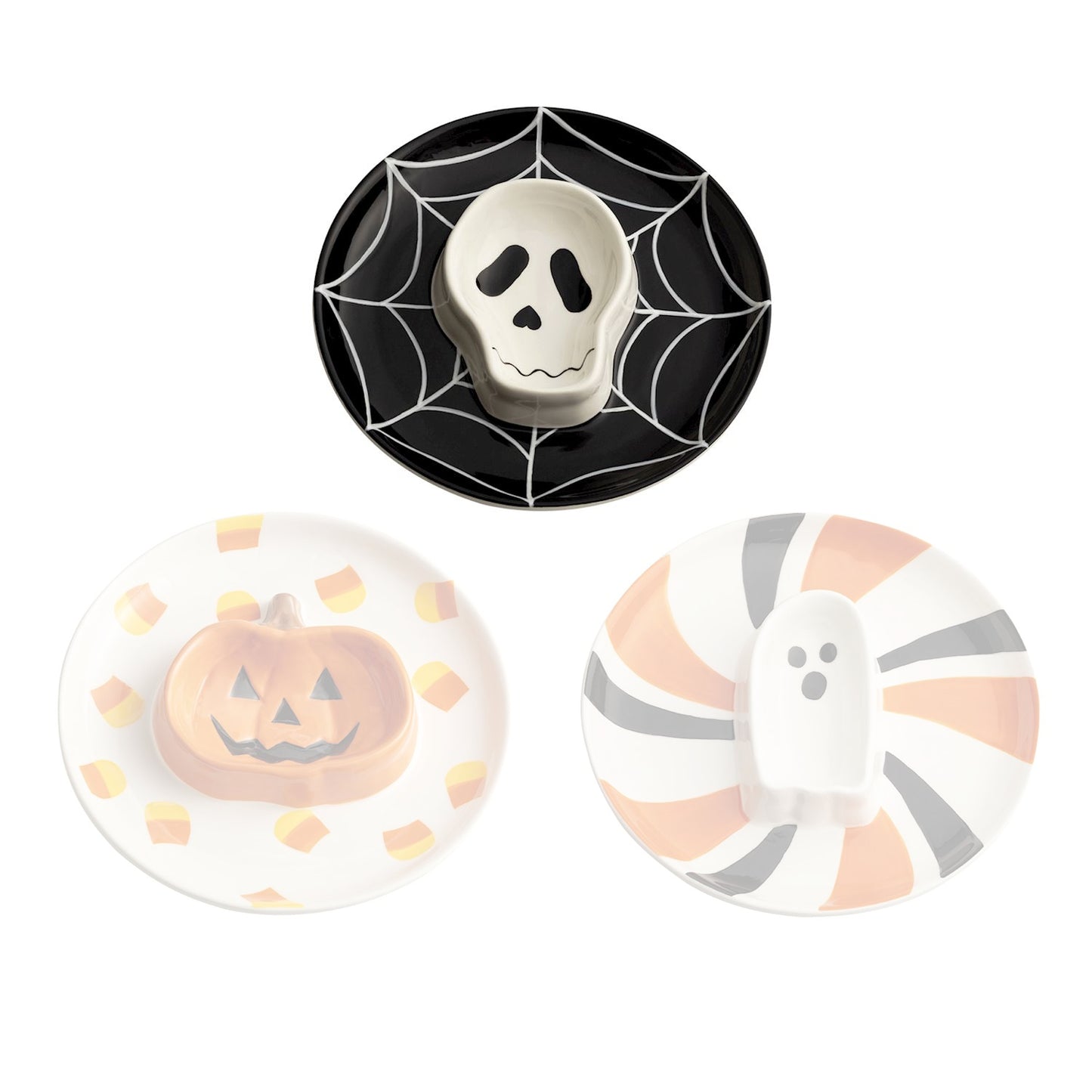 Set of Halloween-themed plates with skull, pumpkin, and ghost designs on a white background.