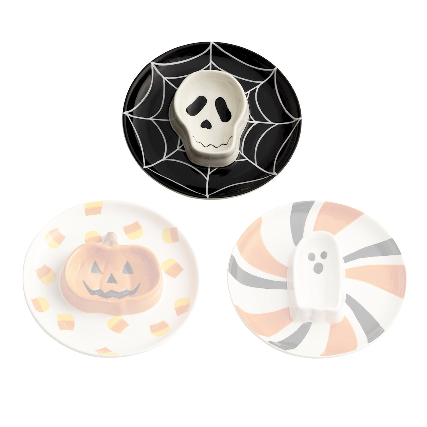 Set of Halloween-themed plates with skull, pumpkin, and ghost designs on a white background.