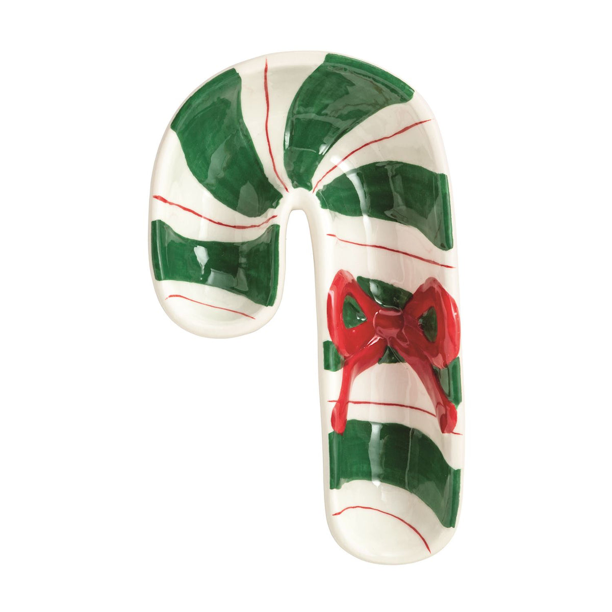 A glossy ceramic candy cane ornament featuring green and white stripes with thin red lines and a red bow near the handle, shown on a plain white background.