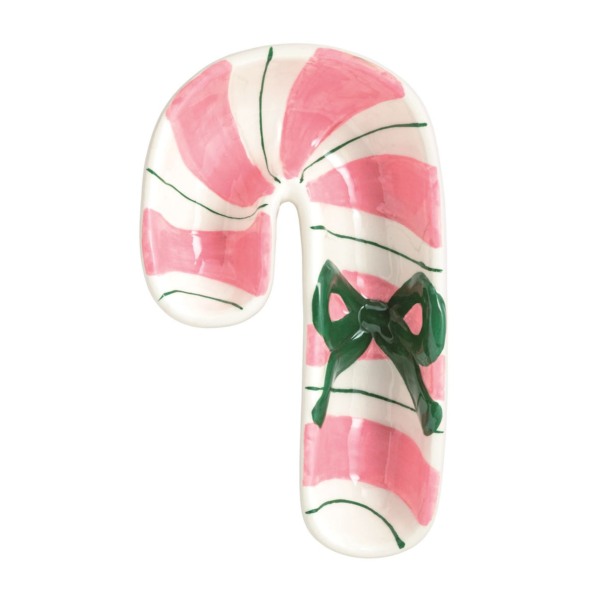 A candy cane-shaped decorative item with pink and white stripes and a dark green bow near the lower right, shown on a plain white background.
