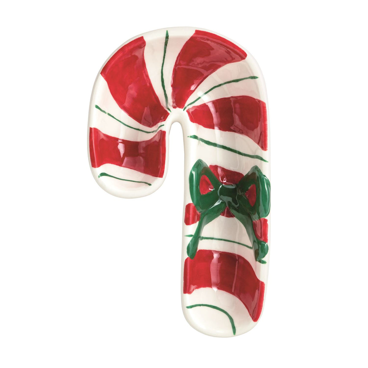 A glossy ceramic candy cane ornament featuring red and white stripes with green accents and a green bow detail, isolated on a white background.