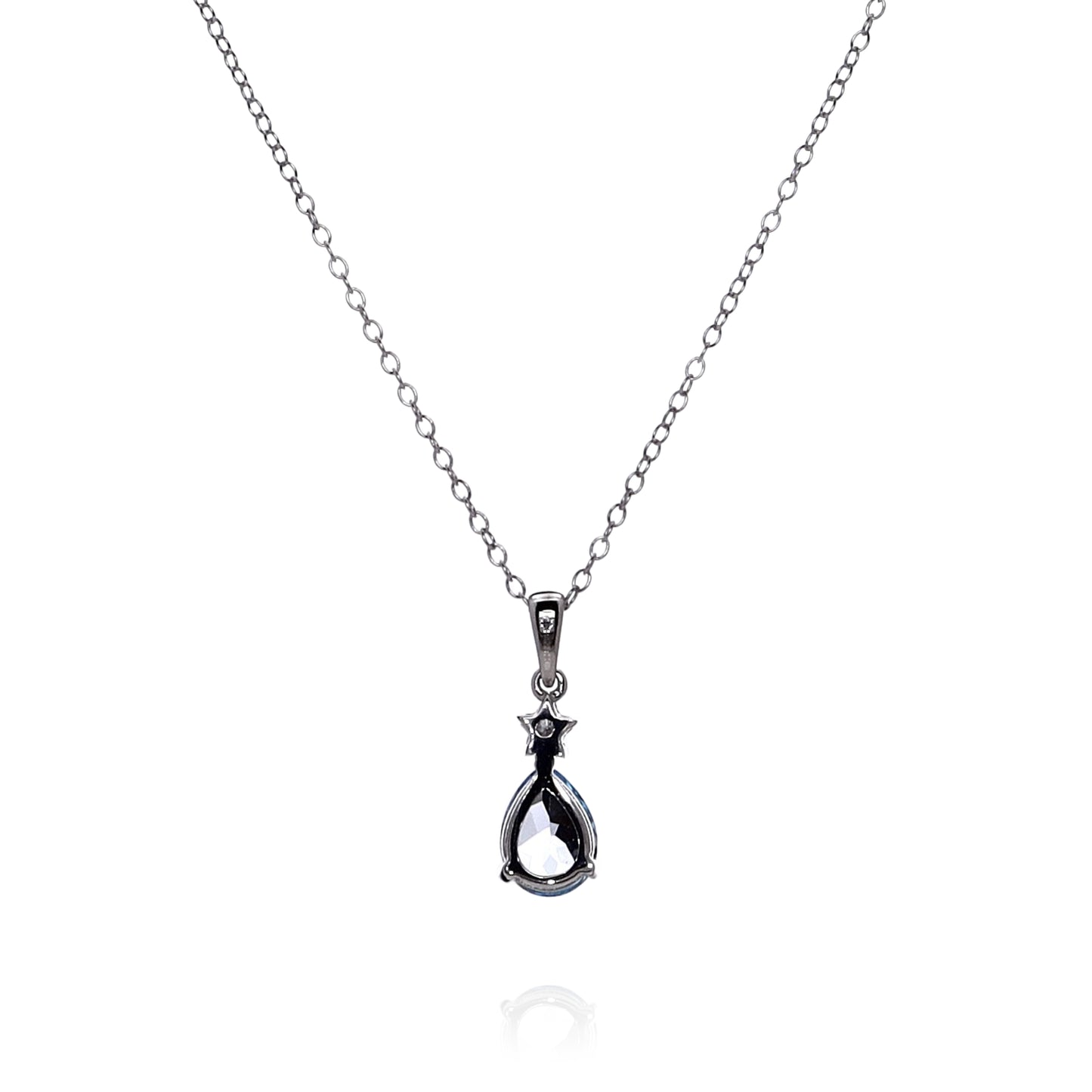 14k White Gold Pear Shaped Swiss Blue Topaz and Diamond Pendant Necklace