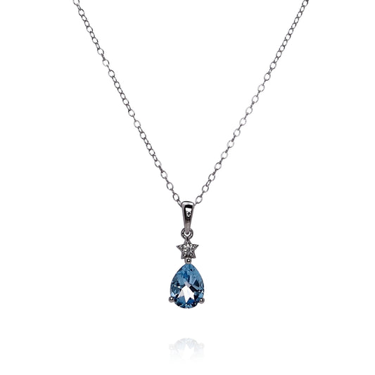 14k White Gold Pear Shaped Swiss Blue Topaz and Diamond Pendant Necklace