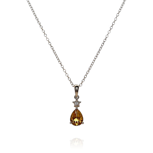 14k Yellow Gold Pear Shaped Citrine and Diamond Pendant Necklace