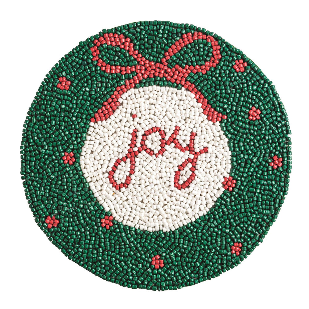 A circular beaded wreath design with a green beaded border, a white center, red bow, and the word "joy" in red beads, shown on a plain white background.