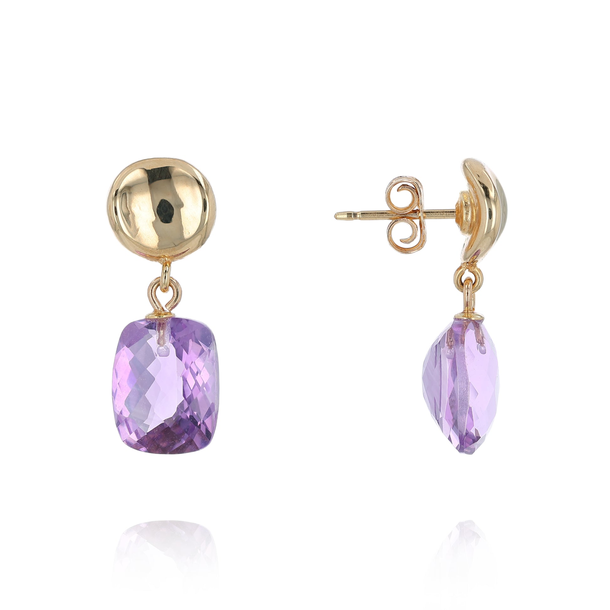 Gold drop earrings with purple amethysts on a white background