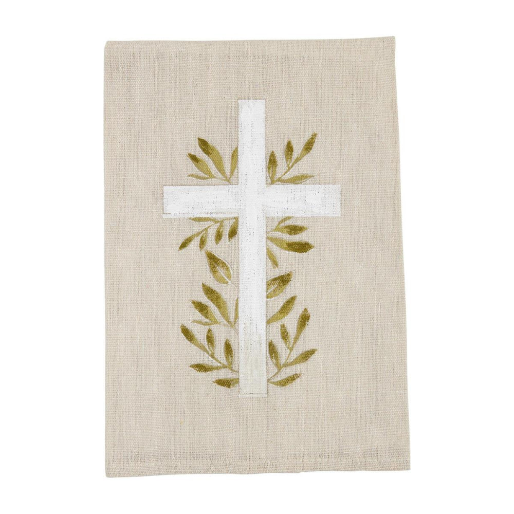 A rectangular beige linen cloth featuring a white embroidered cross with olive branches in olive green around it, shown flat against a white background.