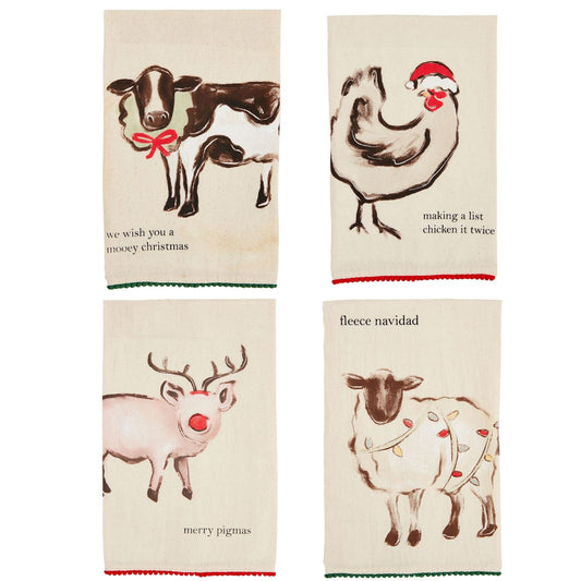Mud Pie Christmas Farm Animal Pom Towels