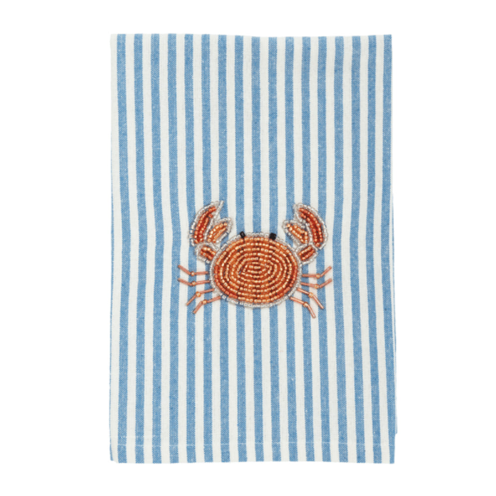 Blue and white striped towel with a red crab design on a white background.