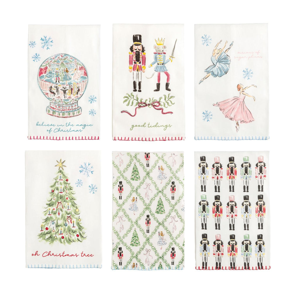 Set of Christmas-themed dish towels with illustrations and text on a white background