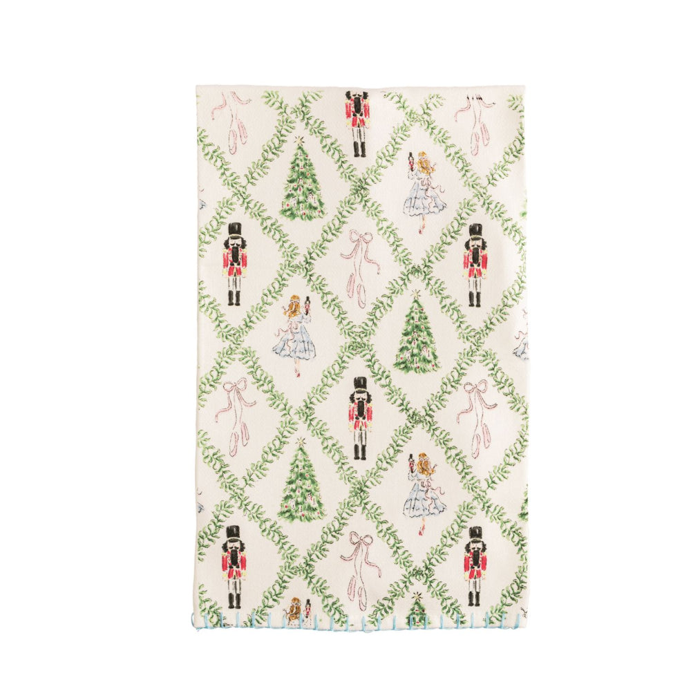 Christmas-themed patterned KITCHEN TOWEL with trees, children, and nutcrackers on a white background