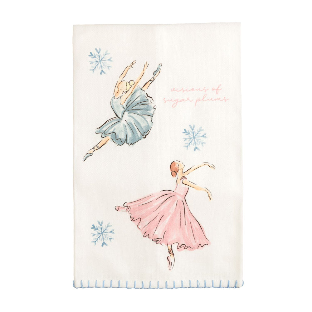 kitchen towel with ballerina illustrations and snowflakes on a white background