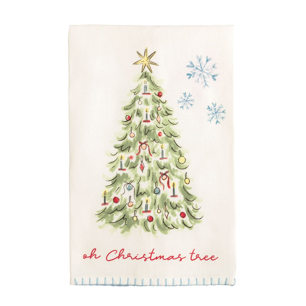 Decorative towel with a Christmas tree design and 'oh Christmas tree' text on a white background