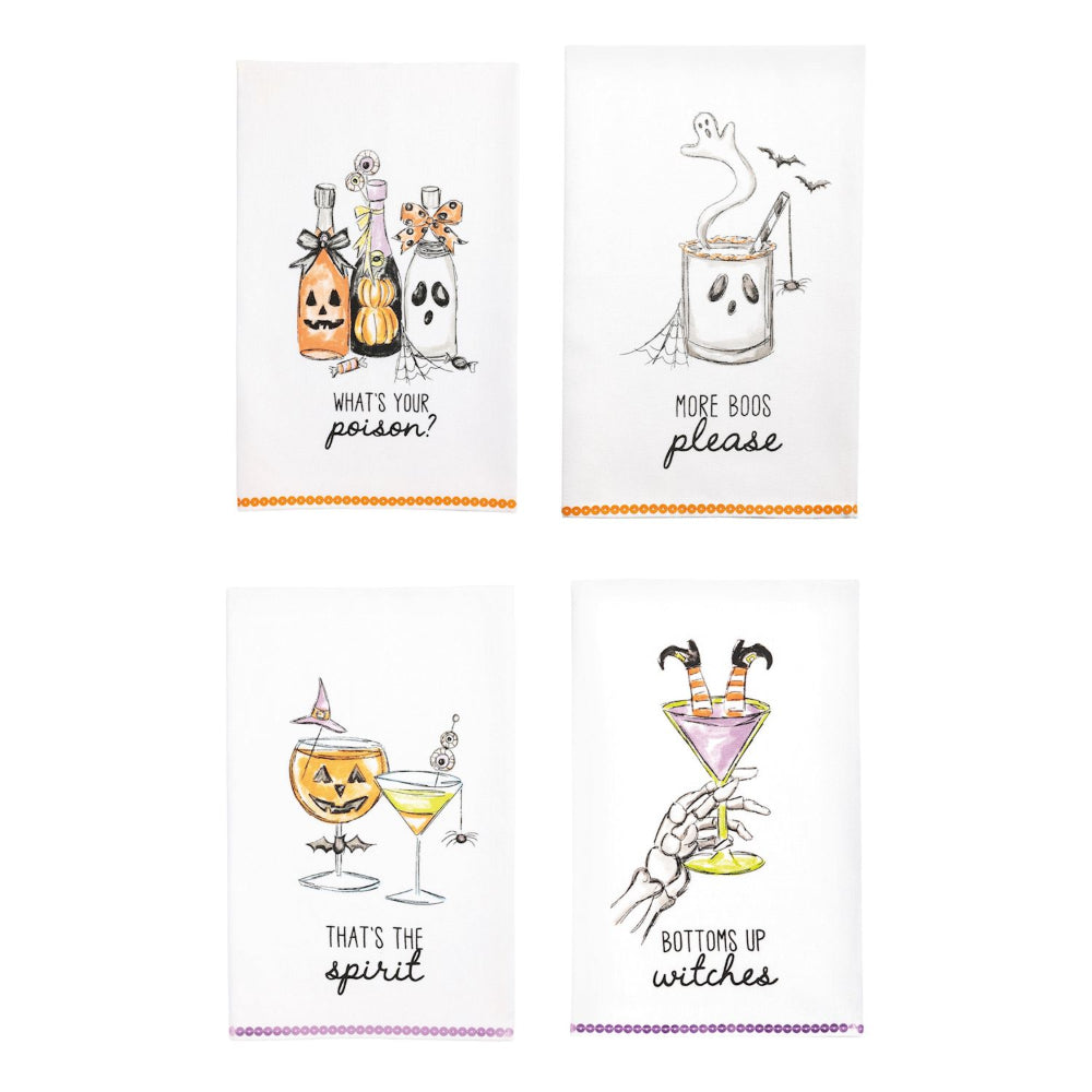 Set of four Halloween-themed kitchen towels with drink-themed graphics and text.