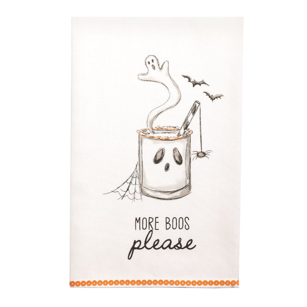 Halloween-themed design with a ghost in a glass and text 'More boos please' on a white background.