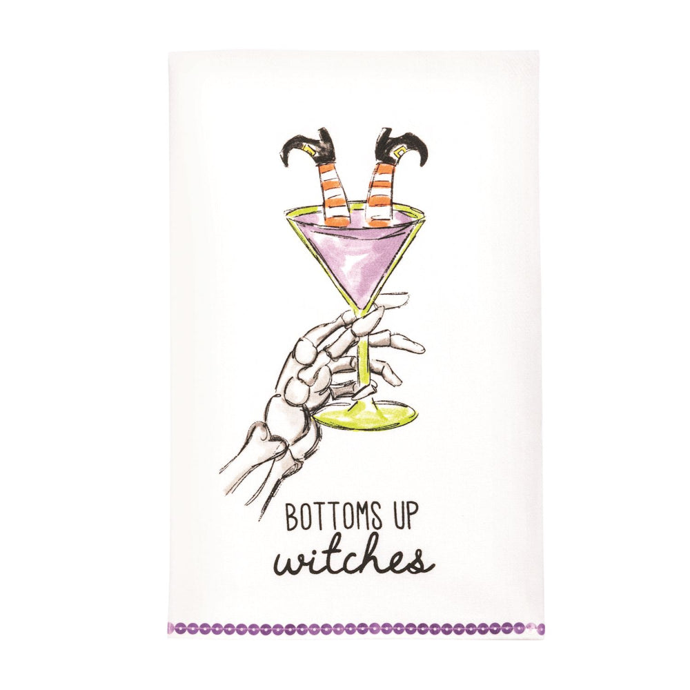 Cartoon illustration of witch legs in a martini glass with 'Bottoms up witches' text on a white background.