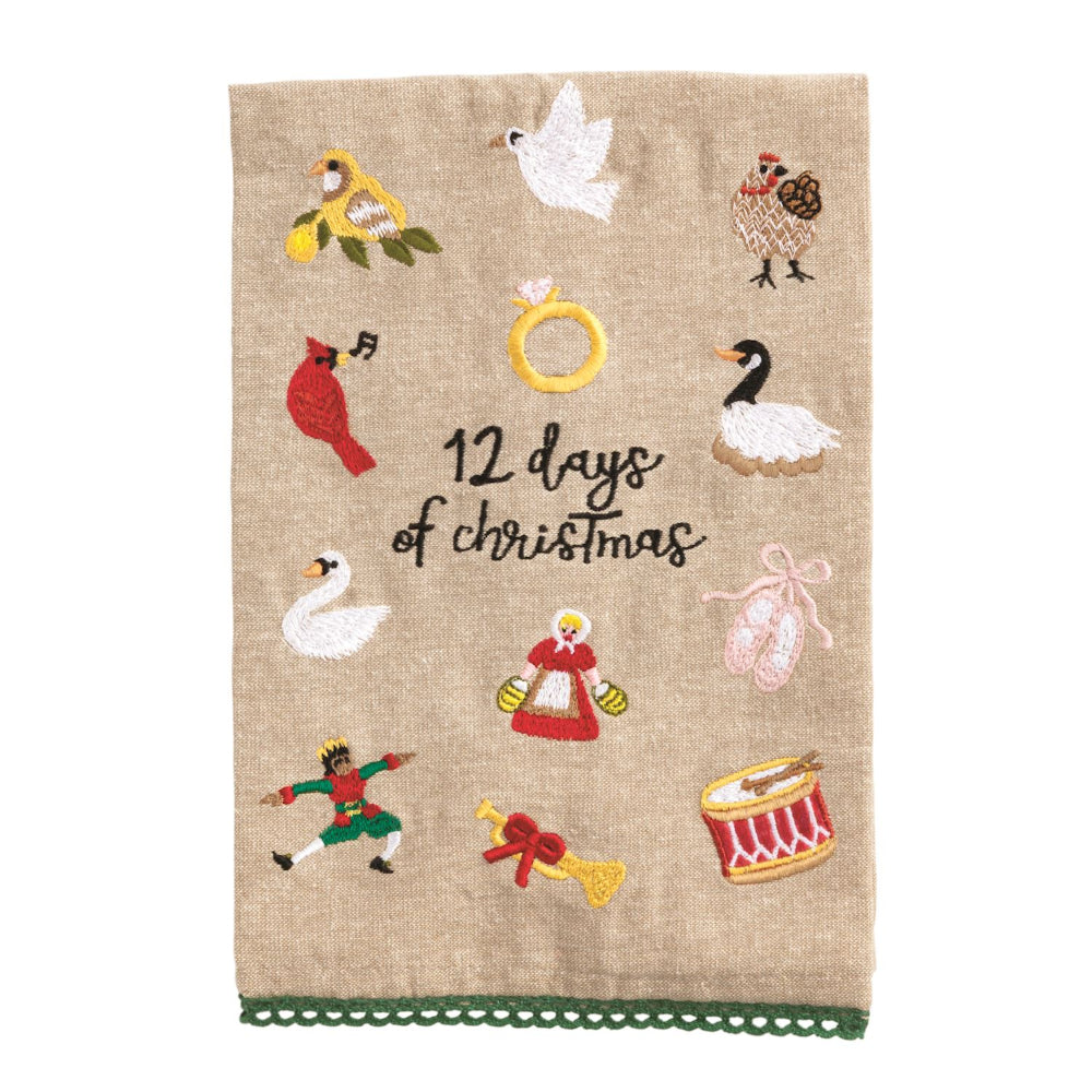 Embroidered towel with '12 days of Christmas' design on a beige background