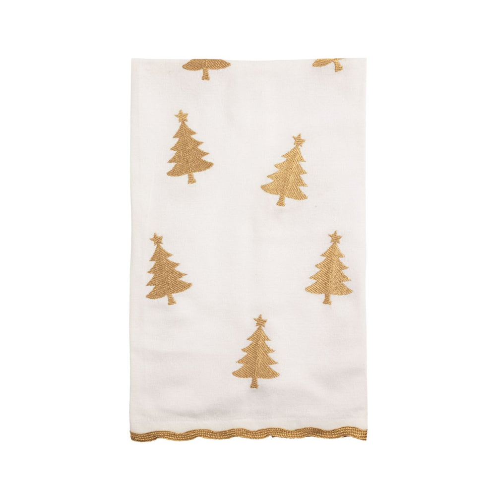 White towel with gold Christmas tree patterns on a white background