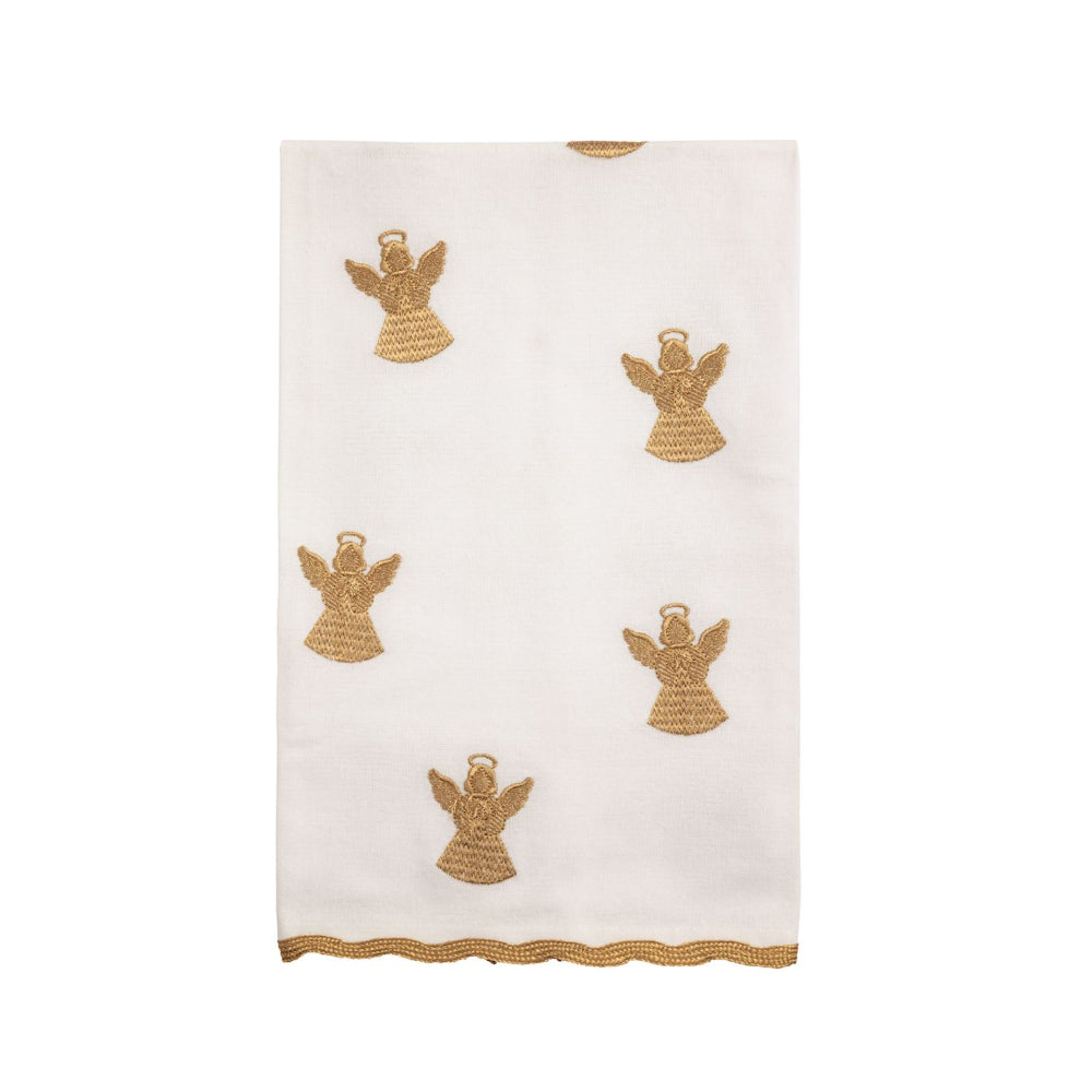 White towel with gold embroidered angels on a white background