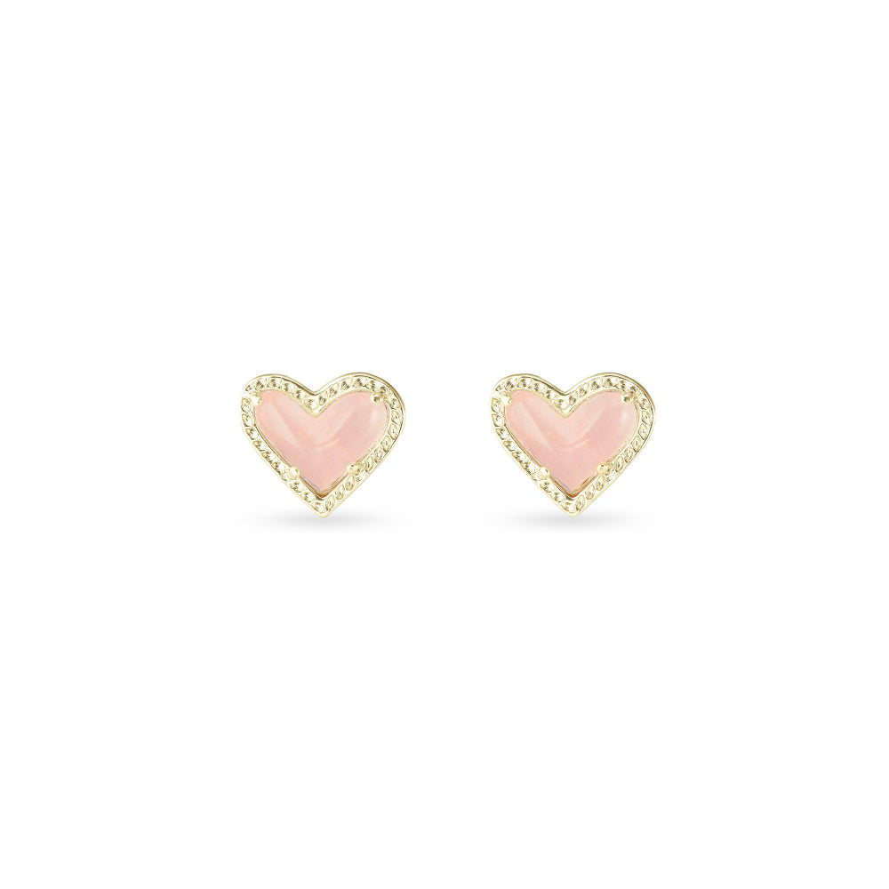 Heart-shaped earrings with pink centers and gold outlines on a white background