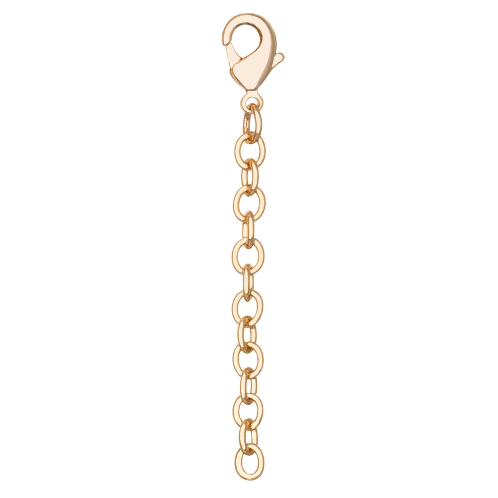 A gold lobster clasp with a short extension chain, shown vertically against a plain white background.