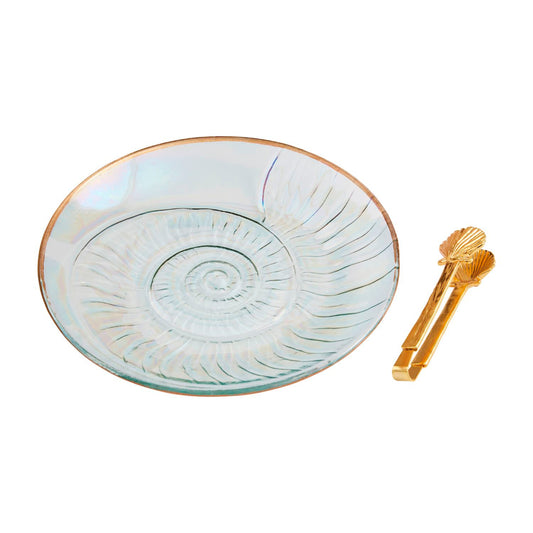 Mud Pie Nautilus Gold Edge Plate & Tong Set