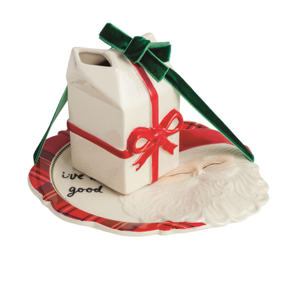 Decorative dear santa plate set resembling a gift box with a bow on a white background.