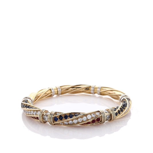 Estate 18k Two Tone Sapphire, Ruby and Diamond Bangle Bracelet
