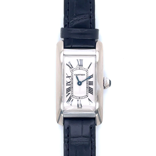 Estate Ladies Cartier Tank Americaine with White Dial in 18k White Gold on Black Leather Strap