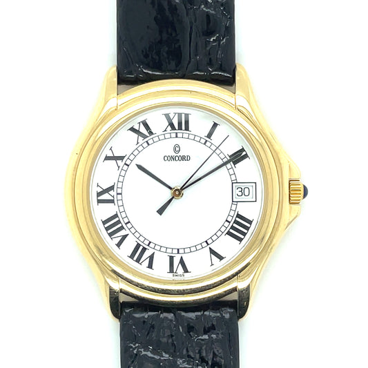 Estate Gents Concord with White Dial in 14k Yellow Gold on Black Crocodile Strap
