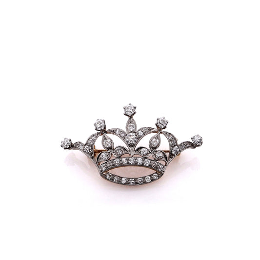 Estate 18k Yellow Gold Platinum and Old European Diamond Crown Pin