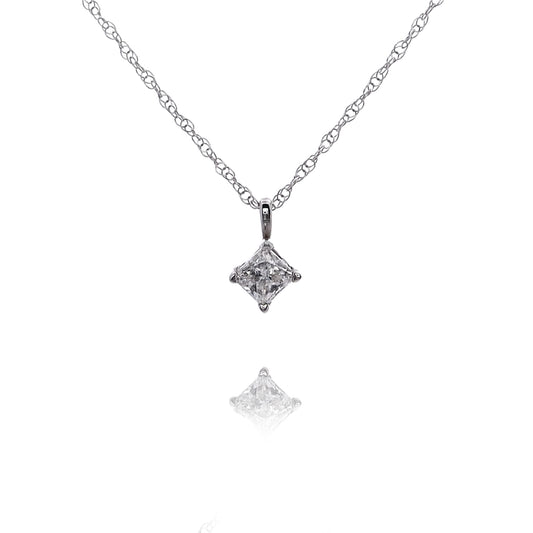 Estate 14 Karat White Gold Solitaire Princess Cut Diamond Pendant Necklace