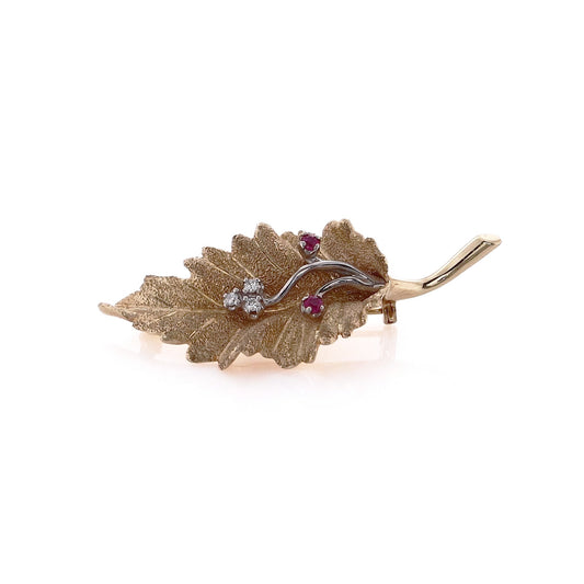 Estate 14k Two Tone Ruby and Diamond Leaf Design Pin