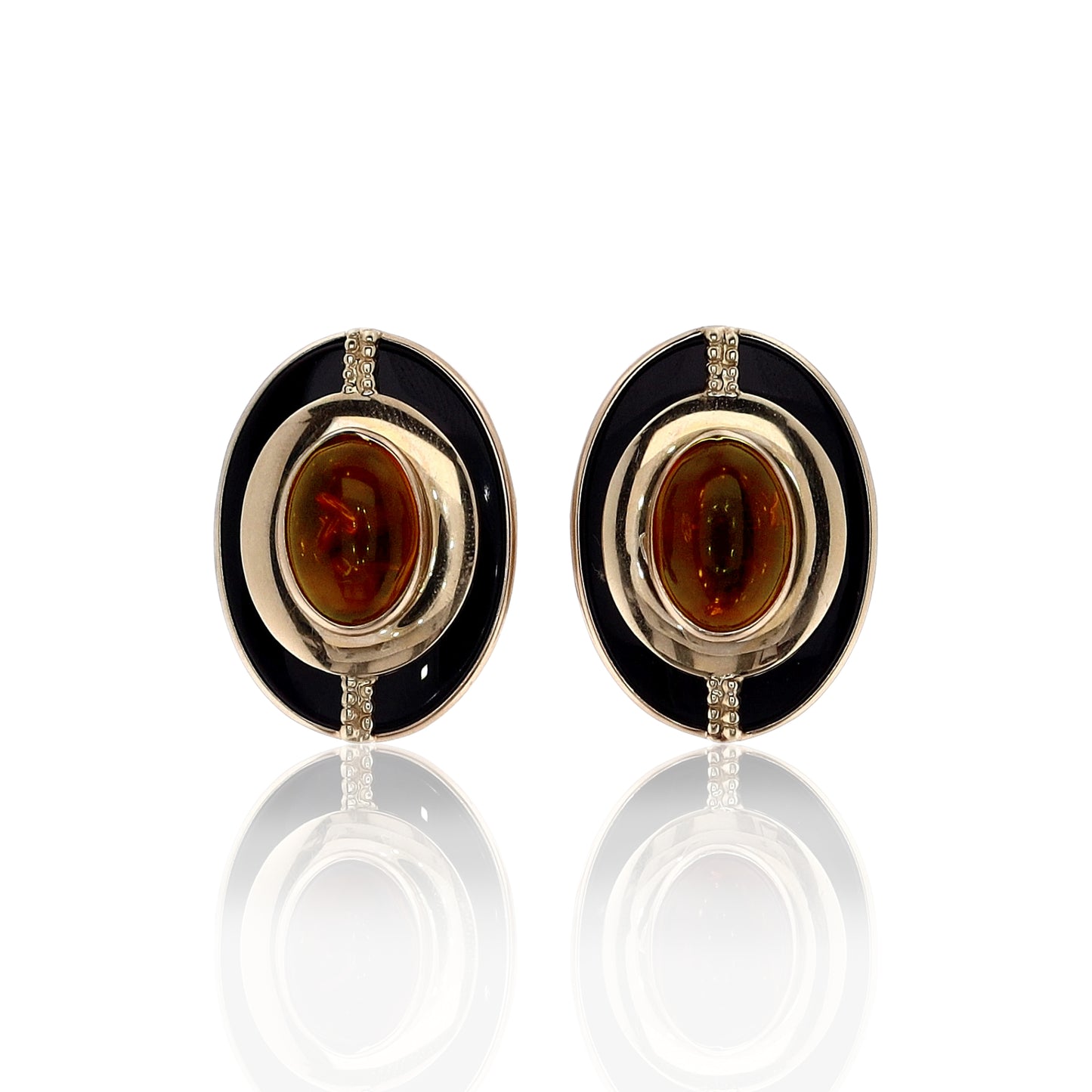 Estate 14k Yellow Gold Onyx Tab Cabochon Amber Earrings