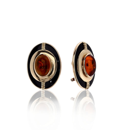 Estate 14k Yellow Gold Onyx Tab Cabochon Amber Earrings