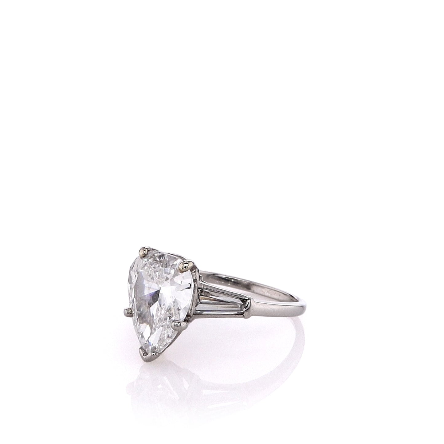 Estate Platinum Pear Shaped and Tapered Baguette Diamond Engagement Ring