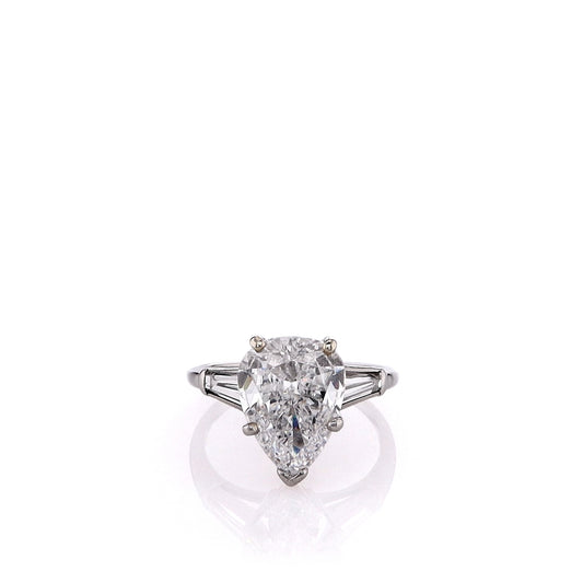 Estate Platinum Pear Shaped and Tapered Baguette Diamond Engagement Ring