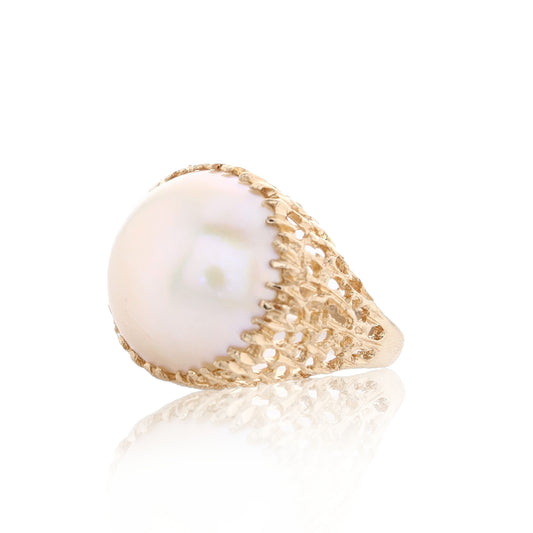 Estate 14k Yellow Gold Filigree With Round Mabe Pearl Dome Ring